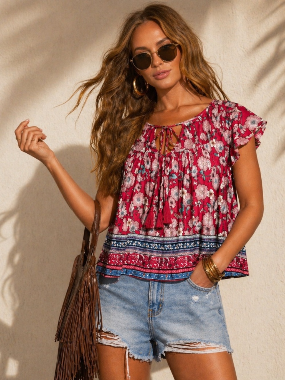 Boho Romantic Floral Tie Neck Blouse Flowy Rayon Red Pink Border Hem‎ Size XS